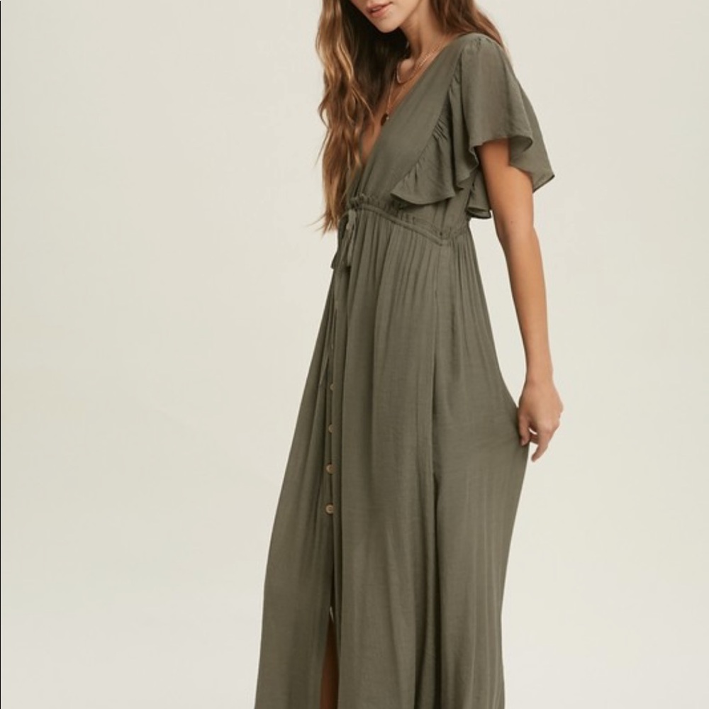 New Bohemian Long Olive Green Maxi Summer Ruffled sleeves Dress - Picture 6 of 7
